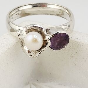 AMETHYST & PEARL RING HANDMADE IN STERLING SILVER WOMENS SIZE 7.75 NWT